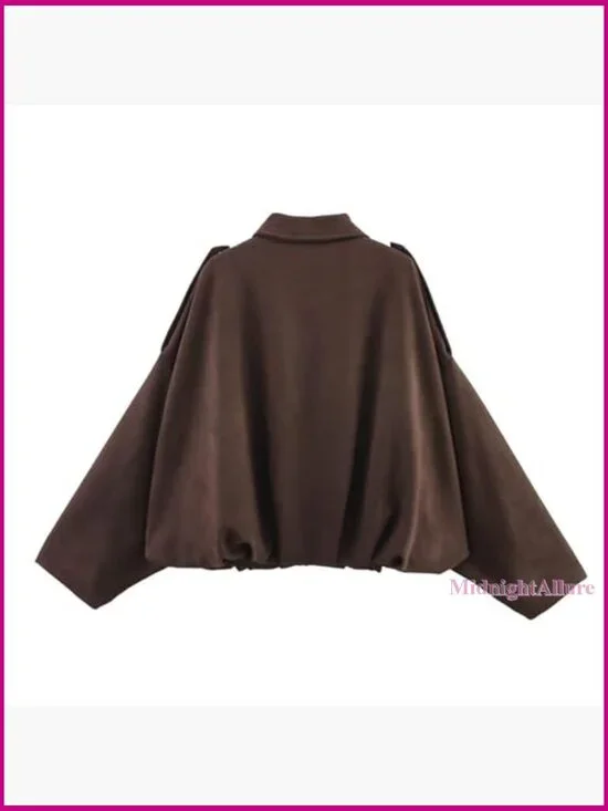 Faux Suede Bomber Jacket Women Oversized Zip Up Casual Coat Long Sleeve - Picture 3 of 7